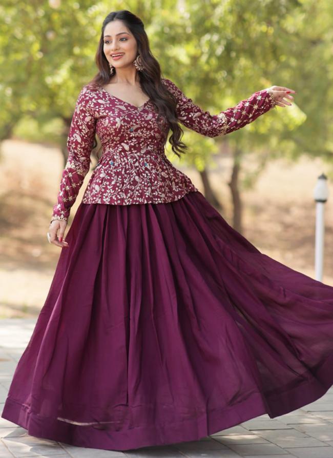 Shimmer Vichitra Wine Party Wear Embroidery Work Readymade Lehenga Choli